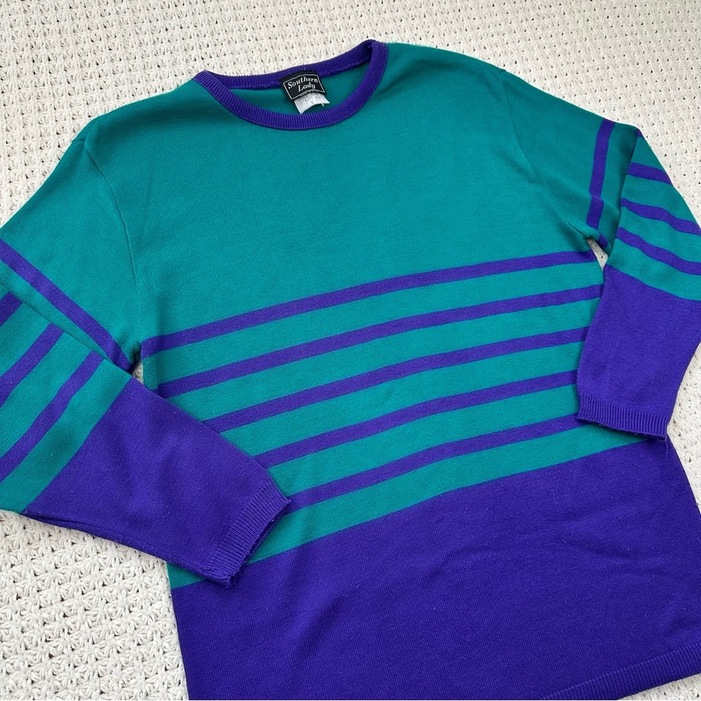 VTG Statement 80s/90s Teal and Purple Stripe Retro Sweater, Charlotte Hornets